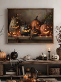 Framed jack-o-lantern canvas displayed on a rustic shelf with candles and fall pumpkins
