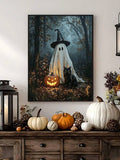 Framed pumpkin canvas with witch hat styled beside candles on a cozy mantel