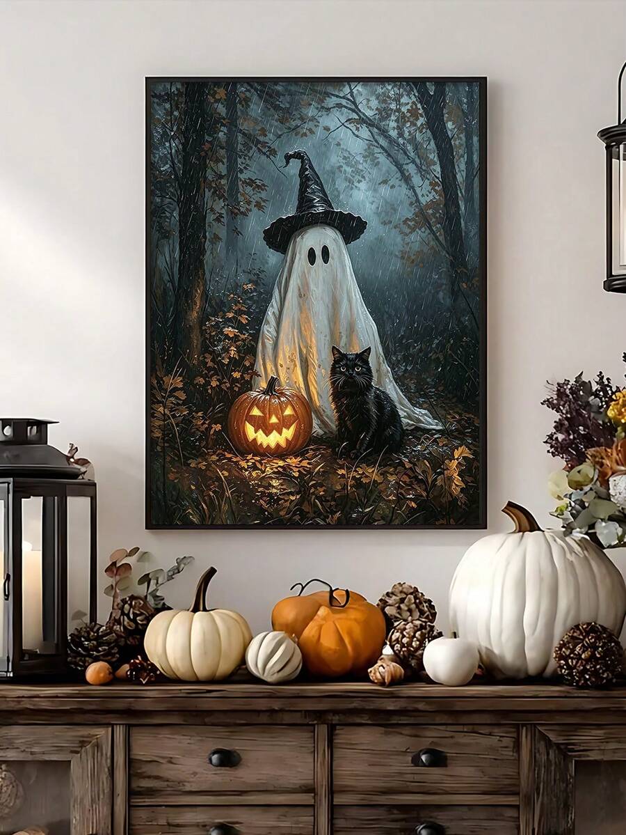 Framed pumpkin canvas with witch hat styled beside candles on a cozy mantel