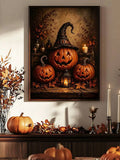 Black-framed pumpkin wall art among candles and neutral farmhouse Halloween accents