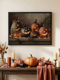 Size guide showing the witch-hat jack-o-lantern canvas in three print dimensions