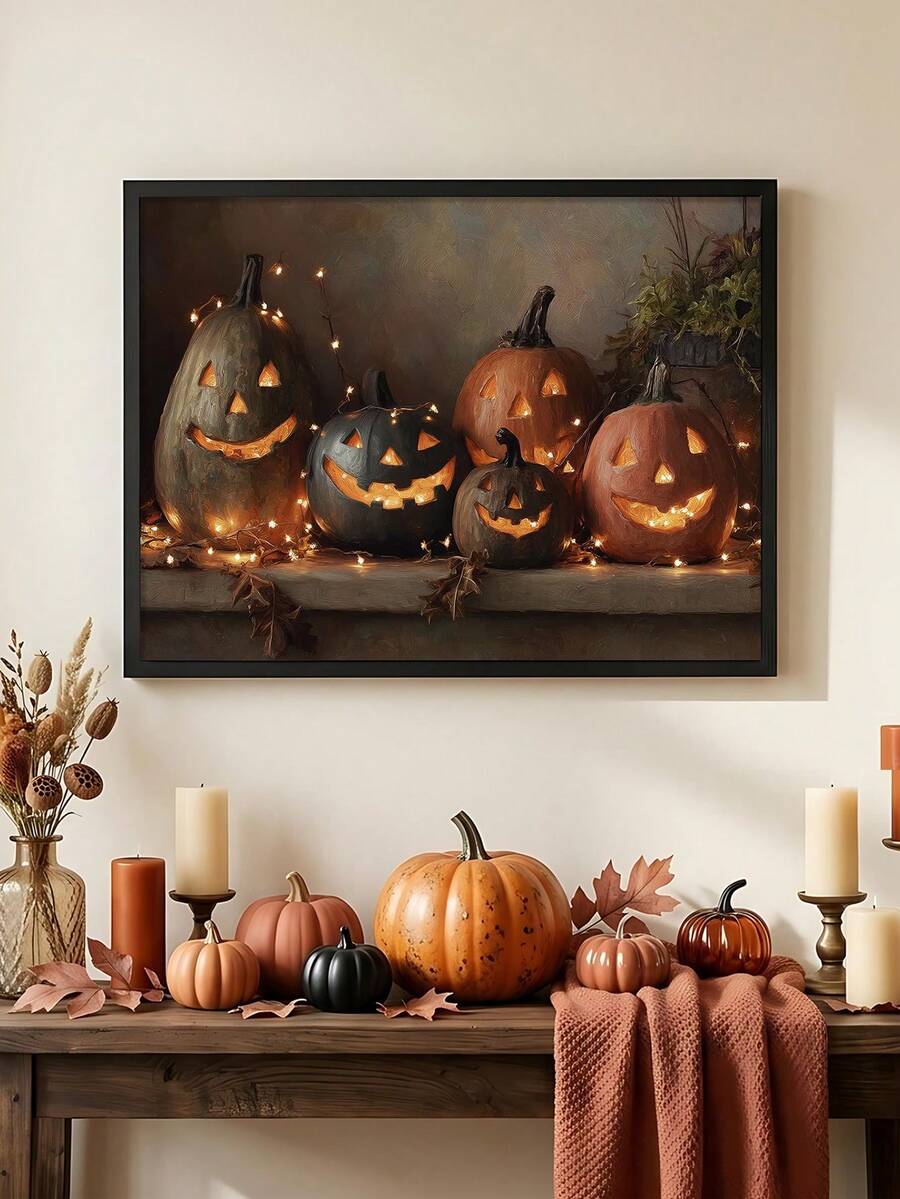 Size guide showing the witch-hat jack-o-lantern canvas in three print dimensions