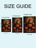 Autumn still-life poster of a witch-hat pumpkin, lantern and scattered leaves