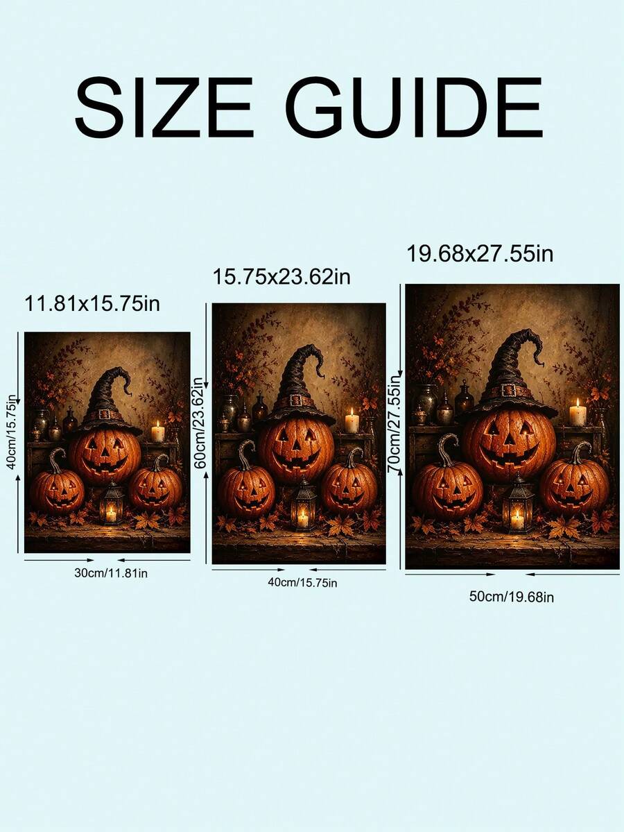Autumn still-life poster of a witch-hat pumpkin, lantern and scattered leaves