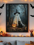 Vintage Halloween pumpkin poster styled above a farmhouse console with autumn decor