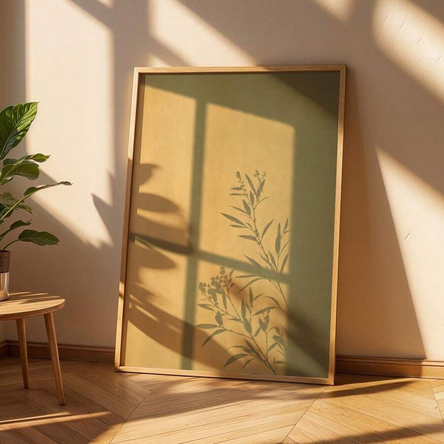 Botanical silhouette wall art with olive and ochre branches in a sunlit framed display