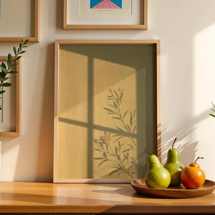 Wood-framed botanical window shadow canvas print styled with pears and an orange on a sunlit tabletop