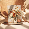Unframed autumn floral pumpkin canvas poster displayed against a textured wicker backdrop