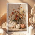 Large framed floral pumpkin canvas print styled with wicker decor and a white vase