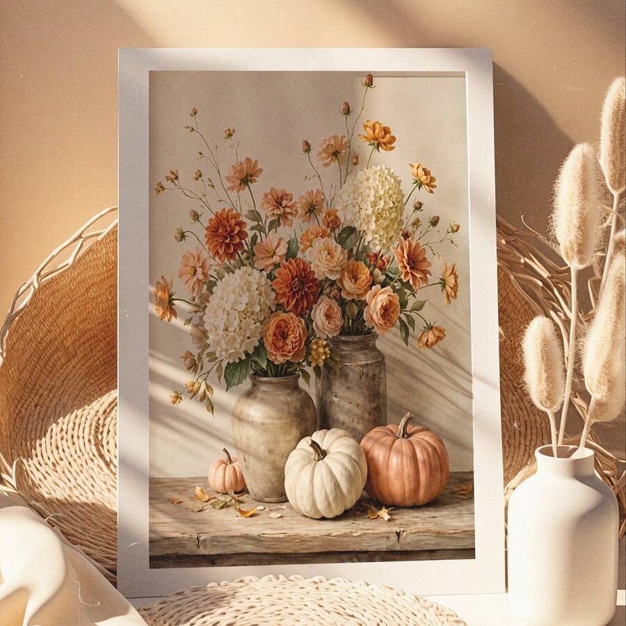 Large framed floral pumpkin canvas print styled with wicker decor and a white vase