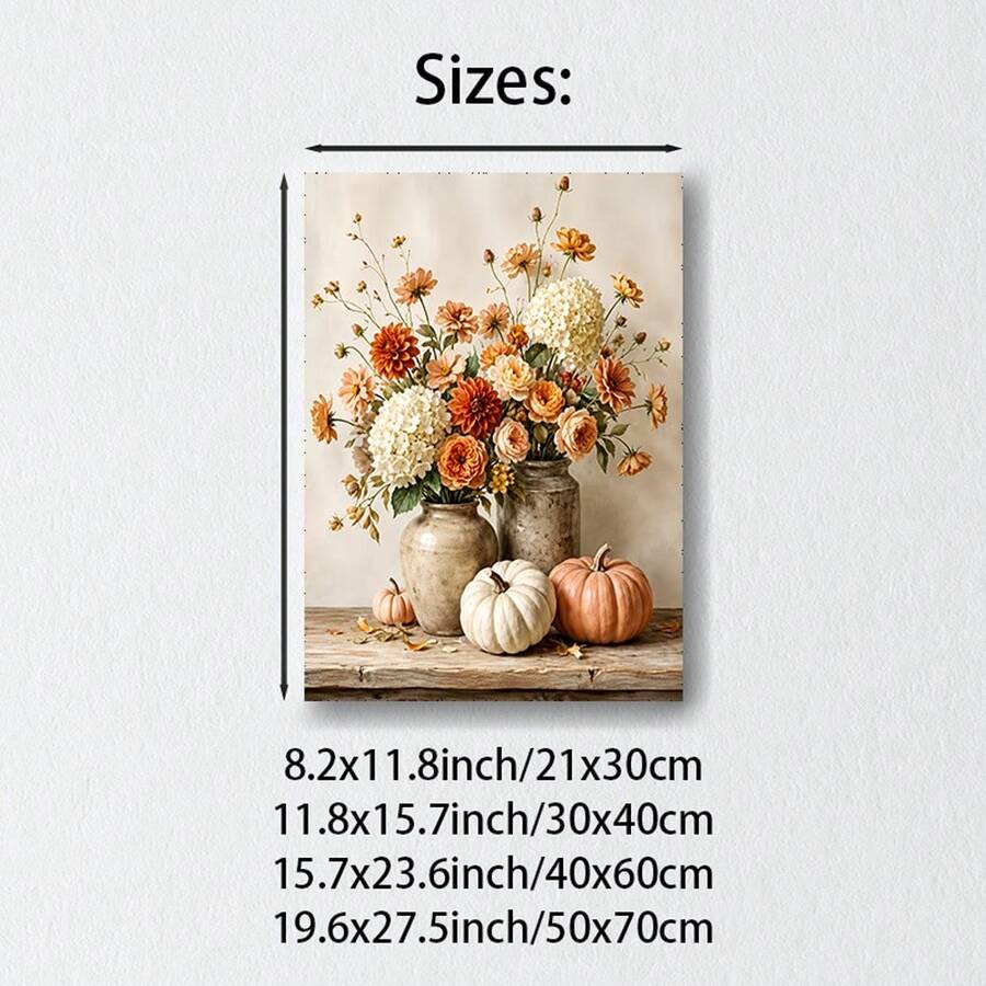 Size guide for autumn floral pumpkin canvas poster from 21 by 30 to 50 by 70 centimeters