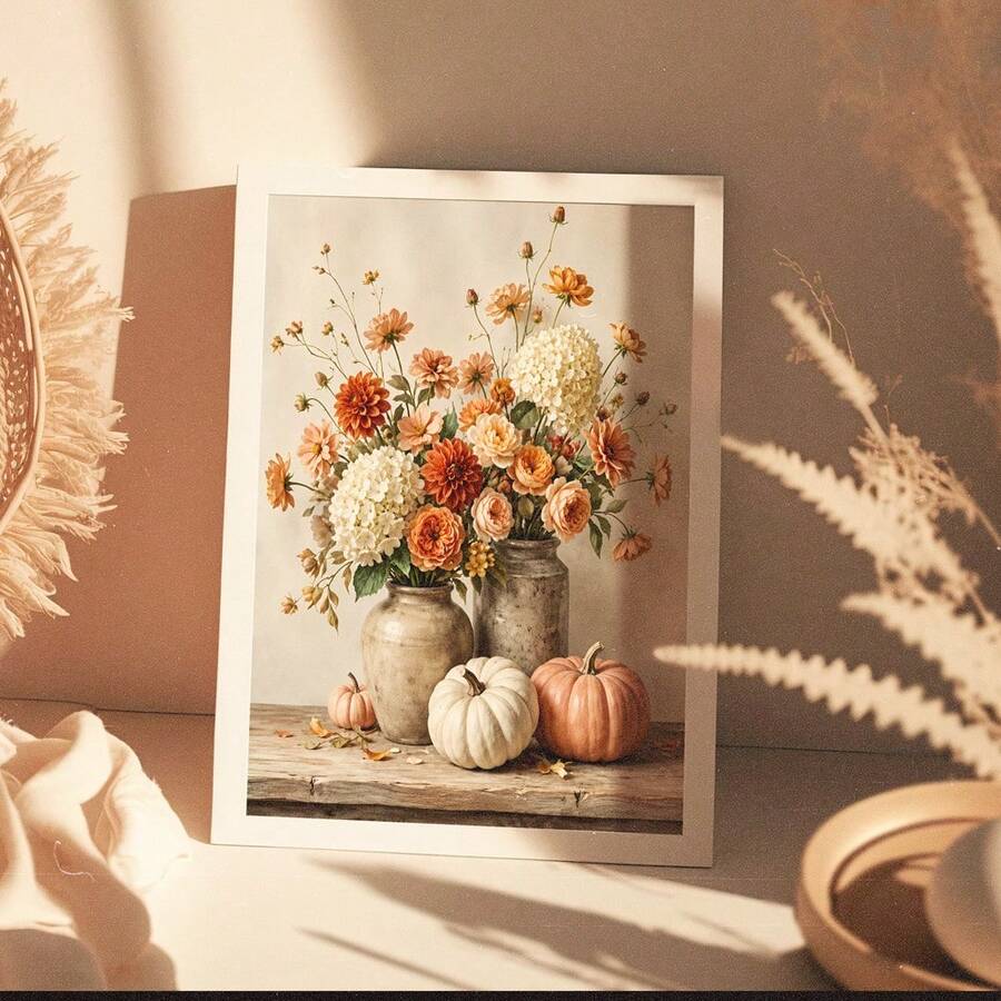 Framed autumn flower and pumpkin canvas poster on a sunlit rustic tabletop
