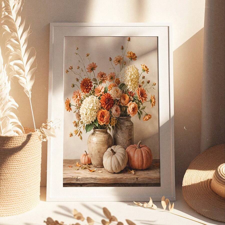 Framed autumn bouquet and pumpkin wall art beside a woven basket and dried foliage