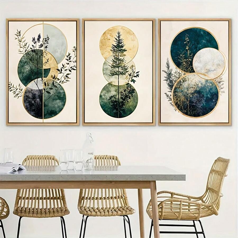 Abstract tree branch canvas poster set displayed over a dining table with rattan chairs