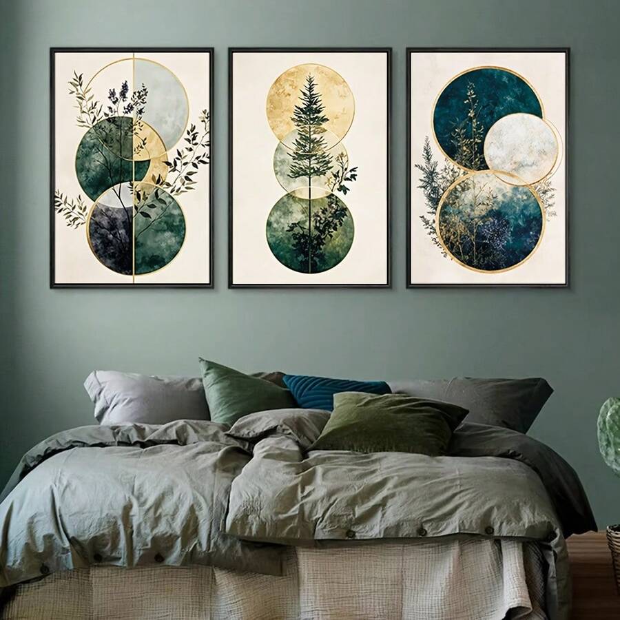 Geometric botanical poster triptych arranged above a green bedroom bed