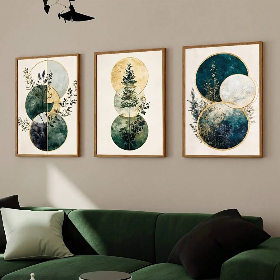 Retro tree branch abstract three-piece canvas wall art above a green velvet sofa