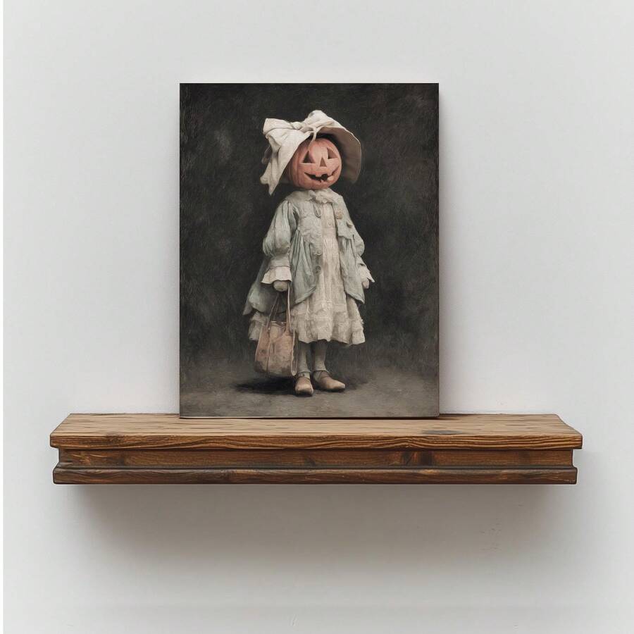 Pumpkin-headed lady canvas portrait displayed in a light wood frame