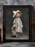 Halloween pumpkin lady canvas print shown on a rustic floating shelf