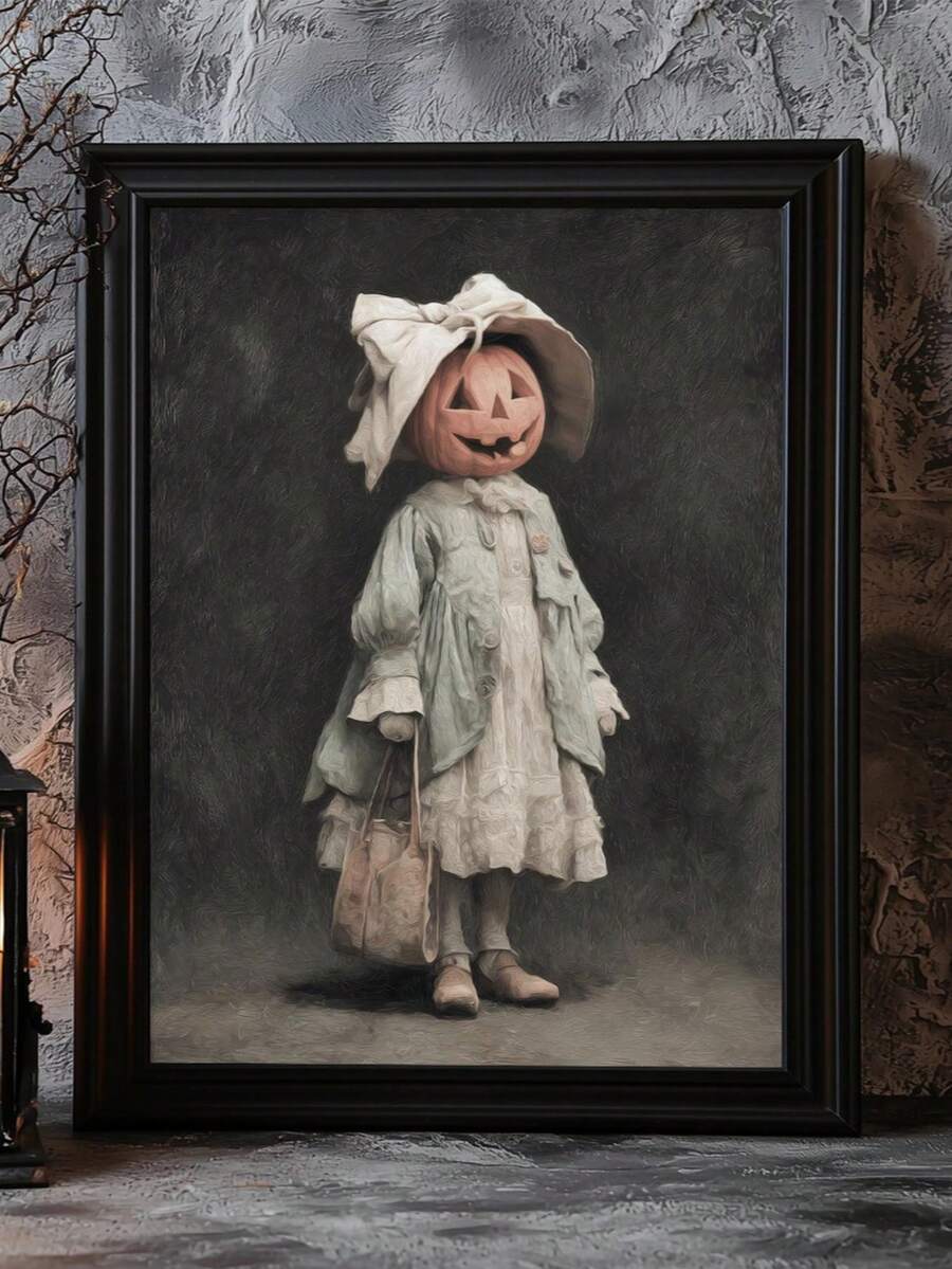 Halloween pumpkin lady canvas print shown on a rustic floating shelf
