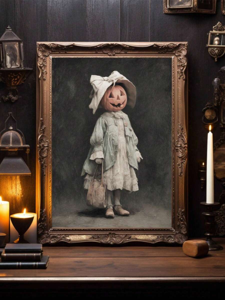 Gothic Halloween canvas poster of pumpkin-headed lady in ivory vintage dress