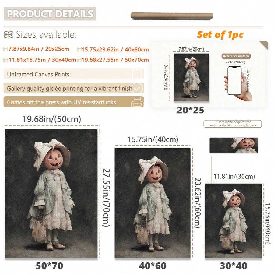 Halloween canvas poster of pumpkin-headed lady styled beside a skeleton