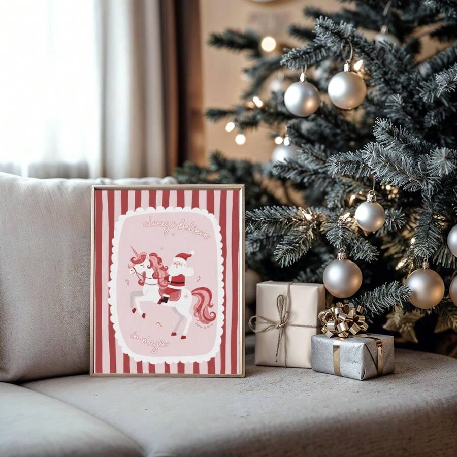 Pink Santa and unicorn canvas art displayed on a sofa beside holiday gifts
