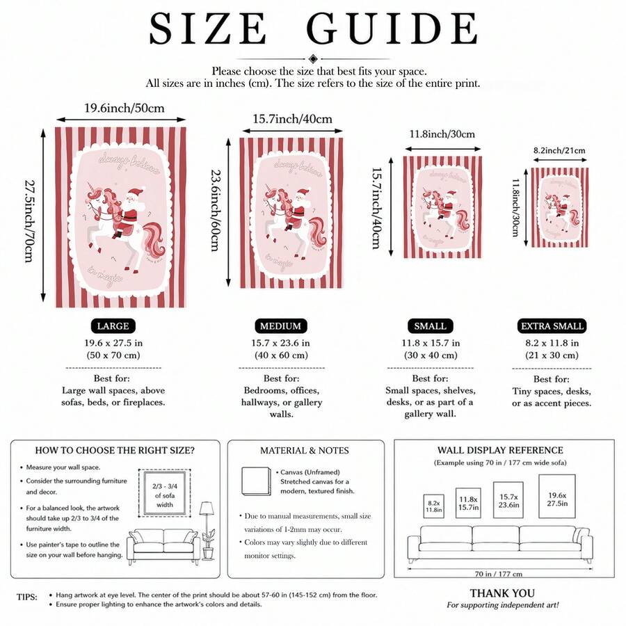 Size guide showing four Santa unicorn canvas poster dimensions