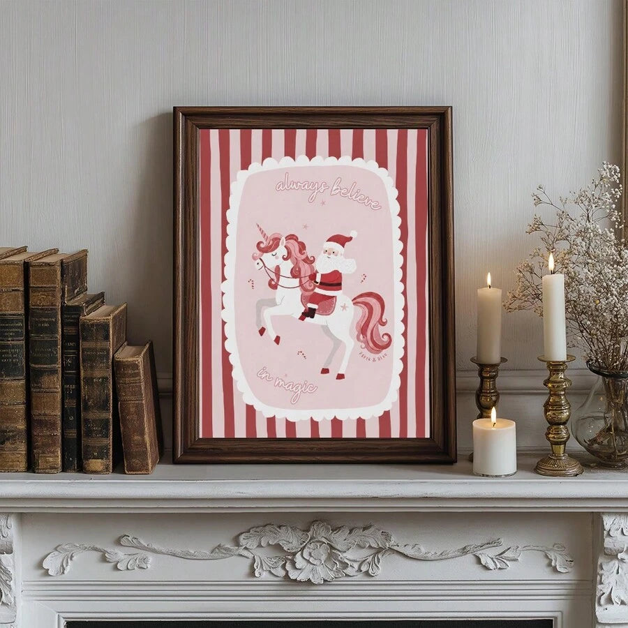Santa unicorn Christmas poster in a dark frame above a decorative mantel