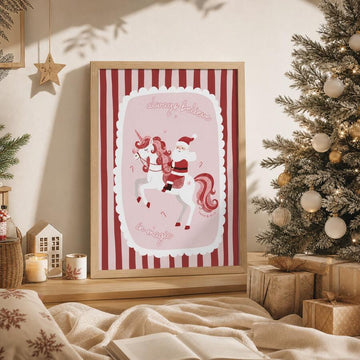 Santa riding a white unicorn on a pink Christmas canvas poster with red stripes