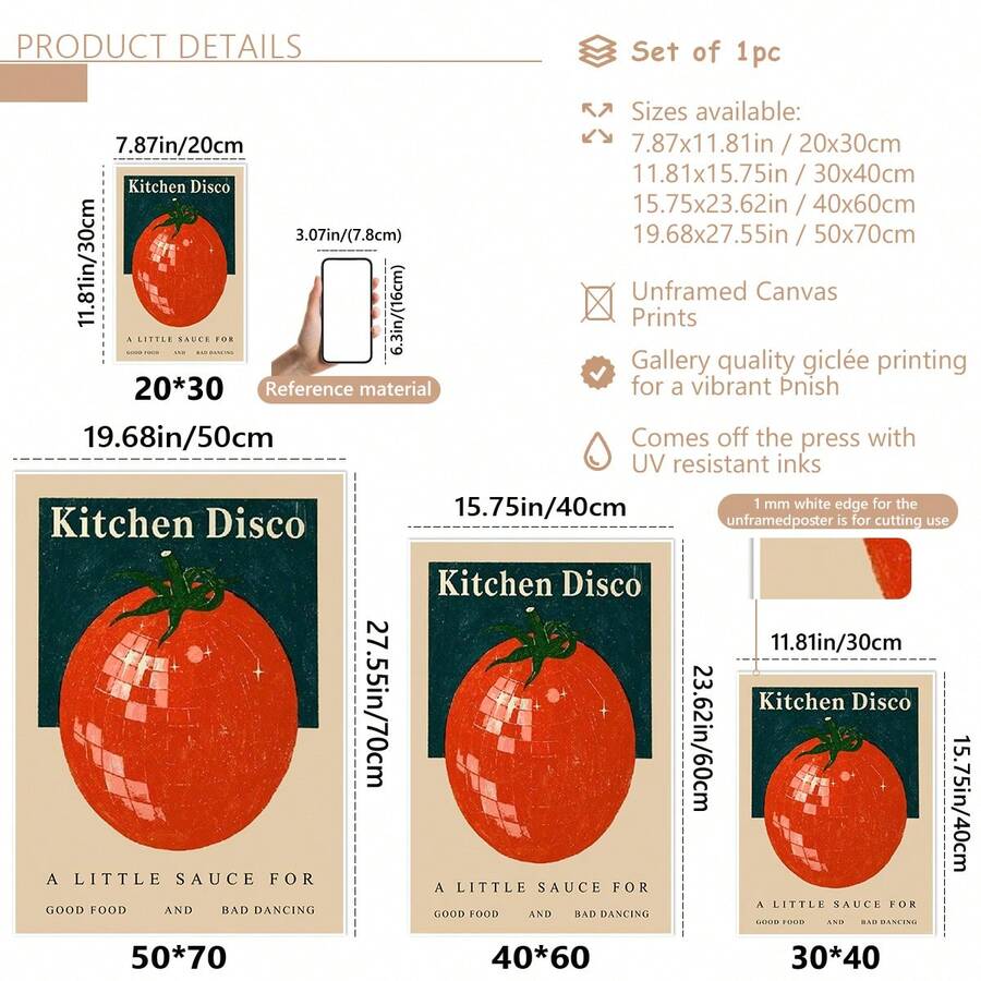 Size guide for Kitchen Disco canvas poster in 20 by 30 30 by 40 40 by 60 and 50 by 70 cm