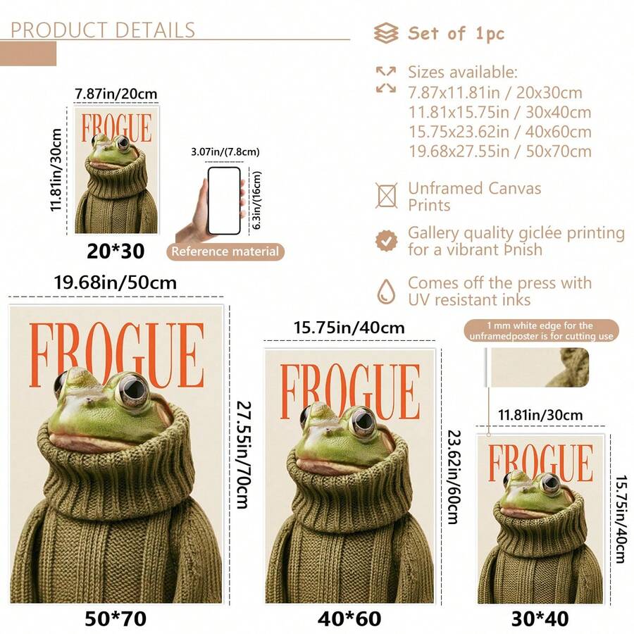 Unframed Frogue canvas poster size guide with available dimensions and print details