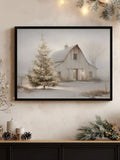 Framed winter barn canvas poster above a dark sideboard with evergreen holiday decor