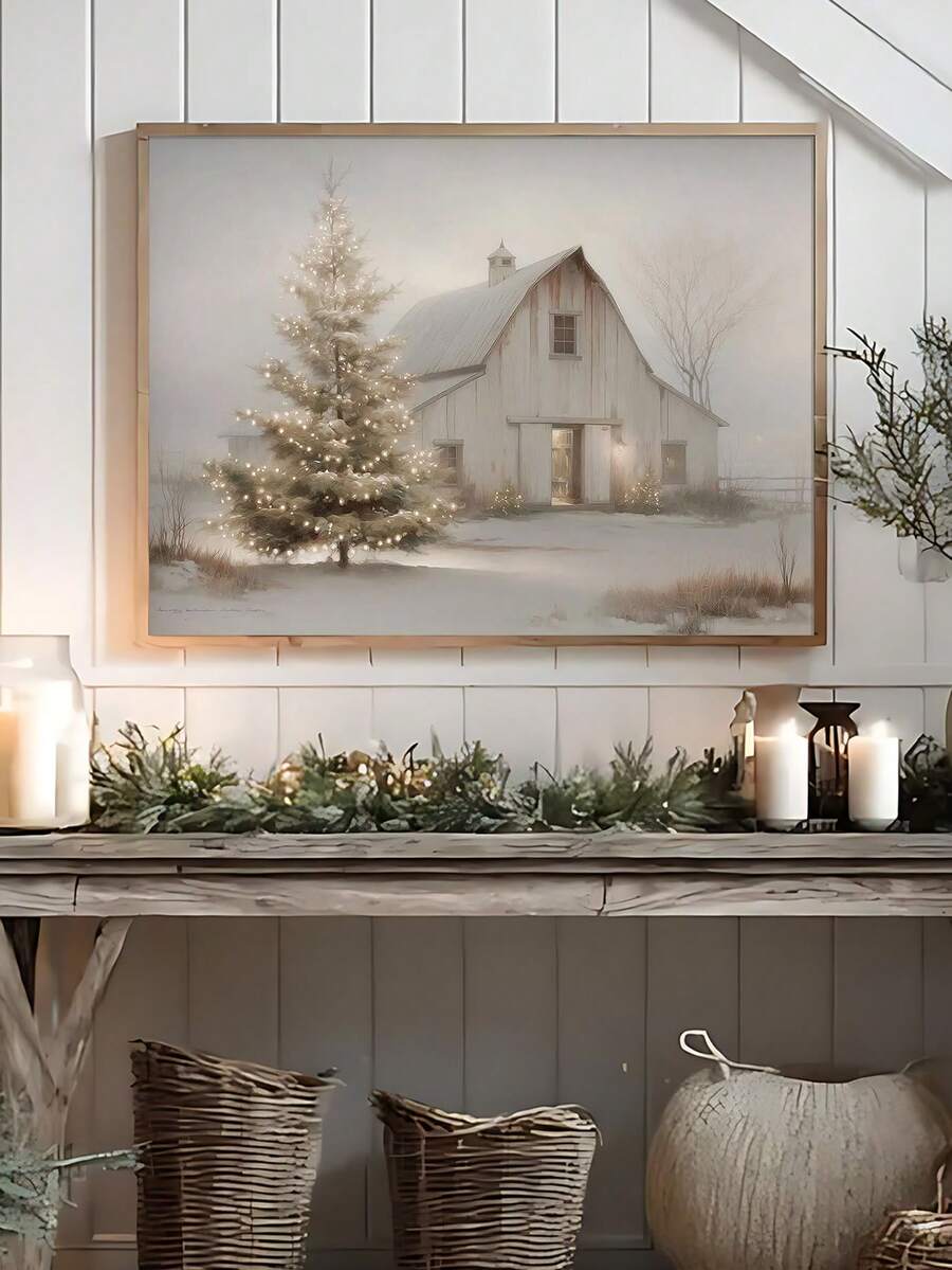 Framed winter farmhouse canvas poster displayed above a mantel with candles and greenery
