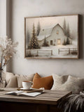 Snowy barn Christmas wall art above a rustic table with coffee and an open book