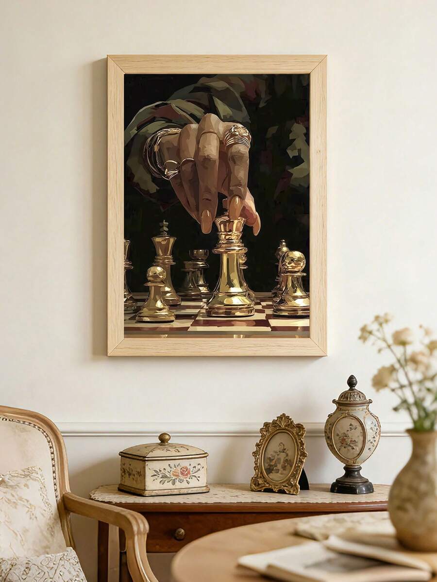 Framed chess queen poster above a vintage wood sideboard