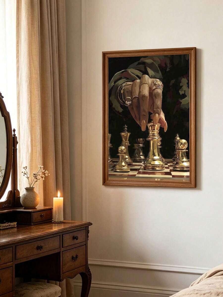 Gold chess piece canvas art in a warm bedroom with dark wood frame