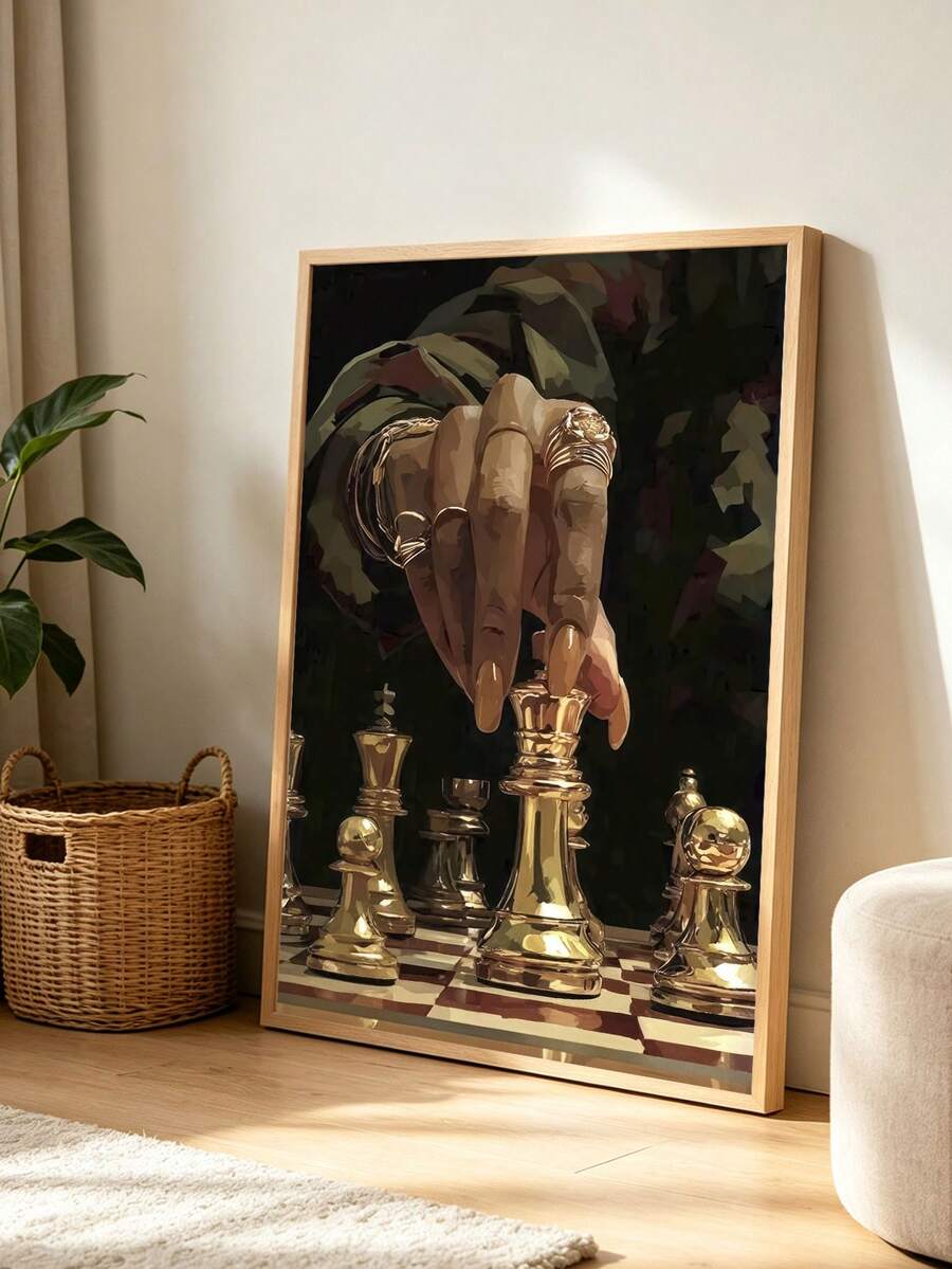 Framed gold chess queen canvas poster on a sunlit wood console