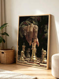 Gold chess queen wall art displayed beside a woven basket and plant