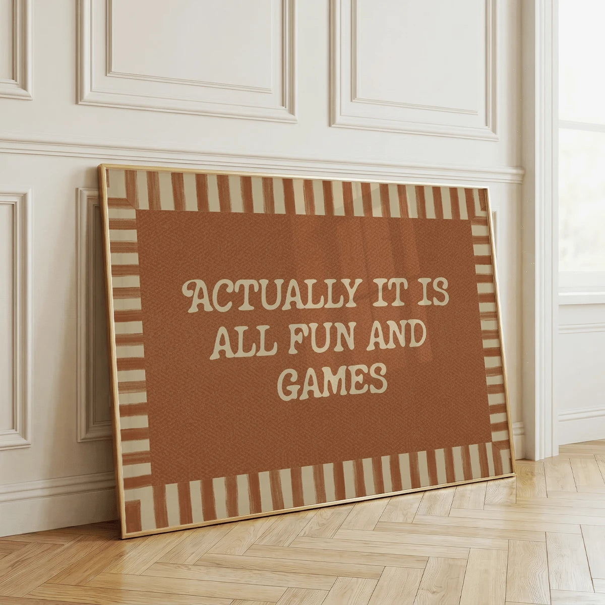 Vintage retro phrase canvas poster displayed beside a sunlit window and upholstered chair