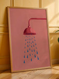 Pink shower illustration displayed in a light wood frame