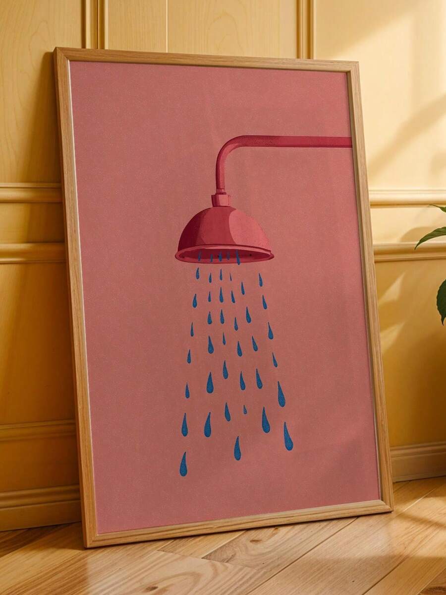 Pink shower illustration displayed in a light wood frame