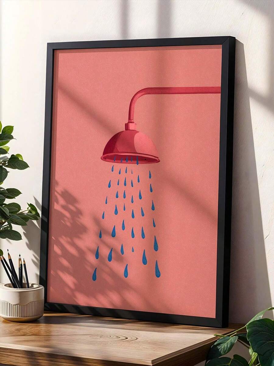 Close view of framed pink shower artwork with blue falling drops