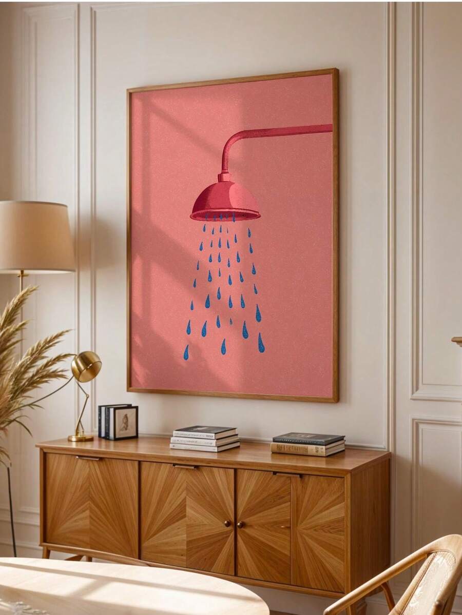 Framed shower rain poster above a wooden cabinet
