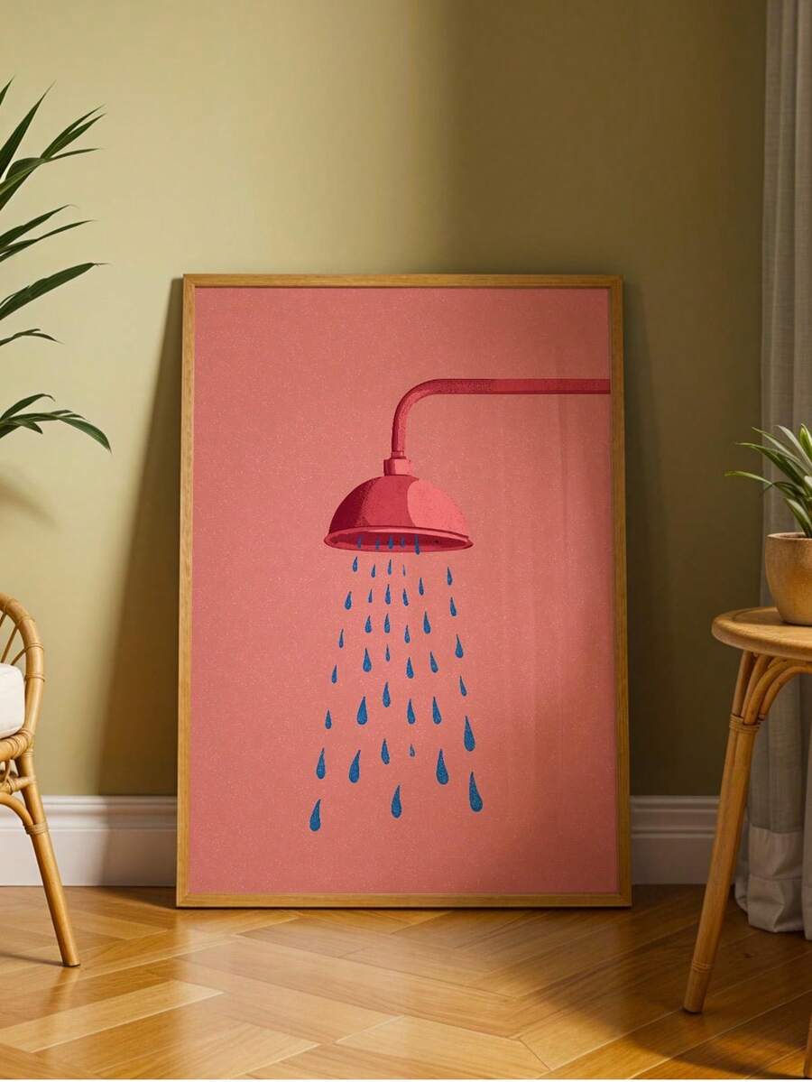 Pink showerhead canvas with blue raindrops in a warm wood frame