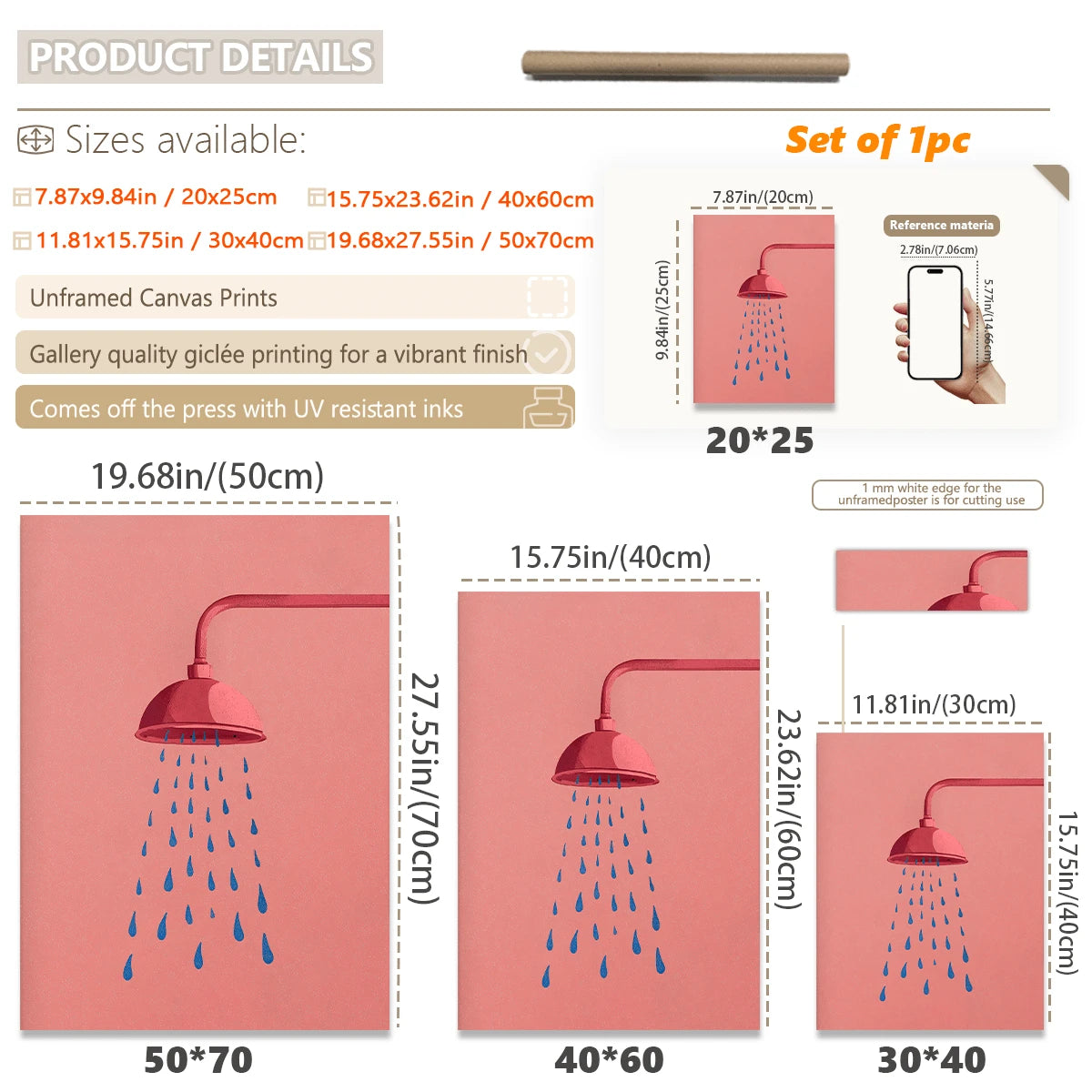 Size guide for pink showerhead canvas in multiple dimensions