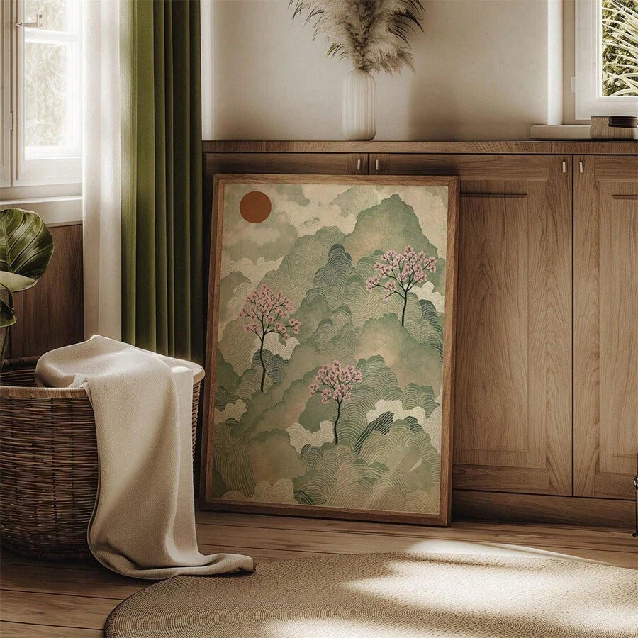 Japanese field watercolor canvas print resting in a warm wood interior