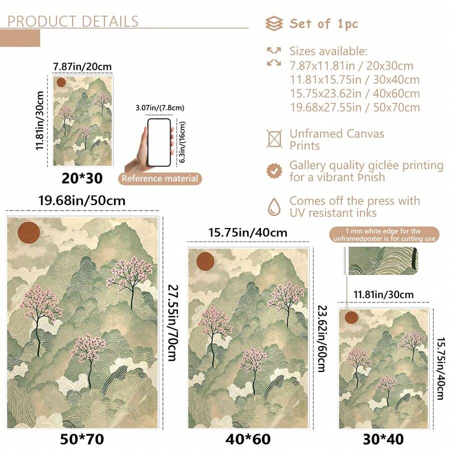 Canvas poster size guide showing Japanese landscape artwork print options
