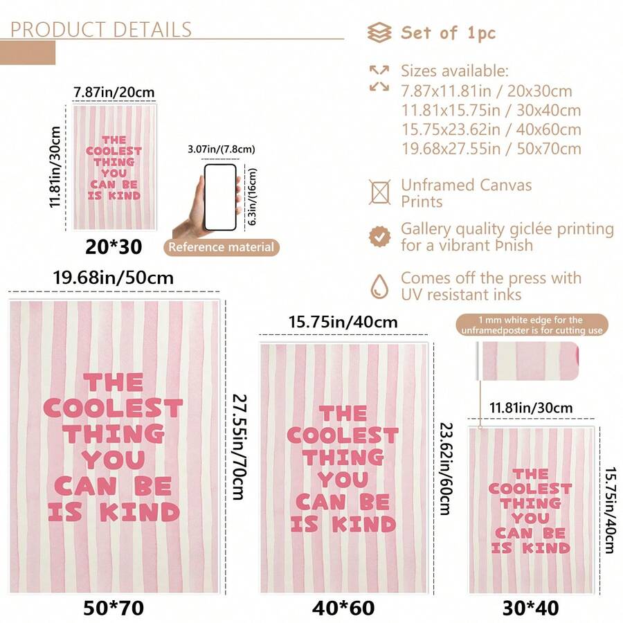 Product details for pink striped kindness typography canvas poster
