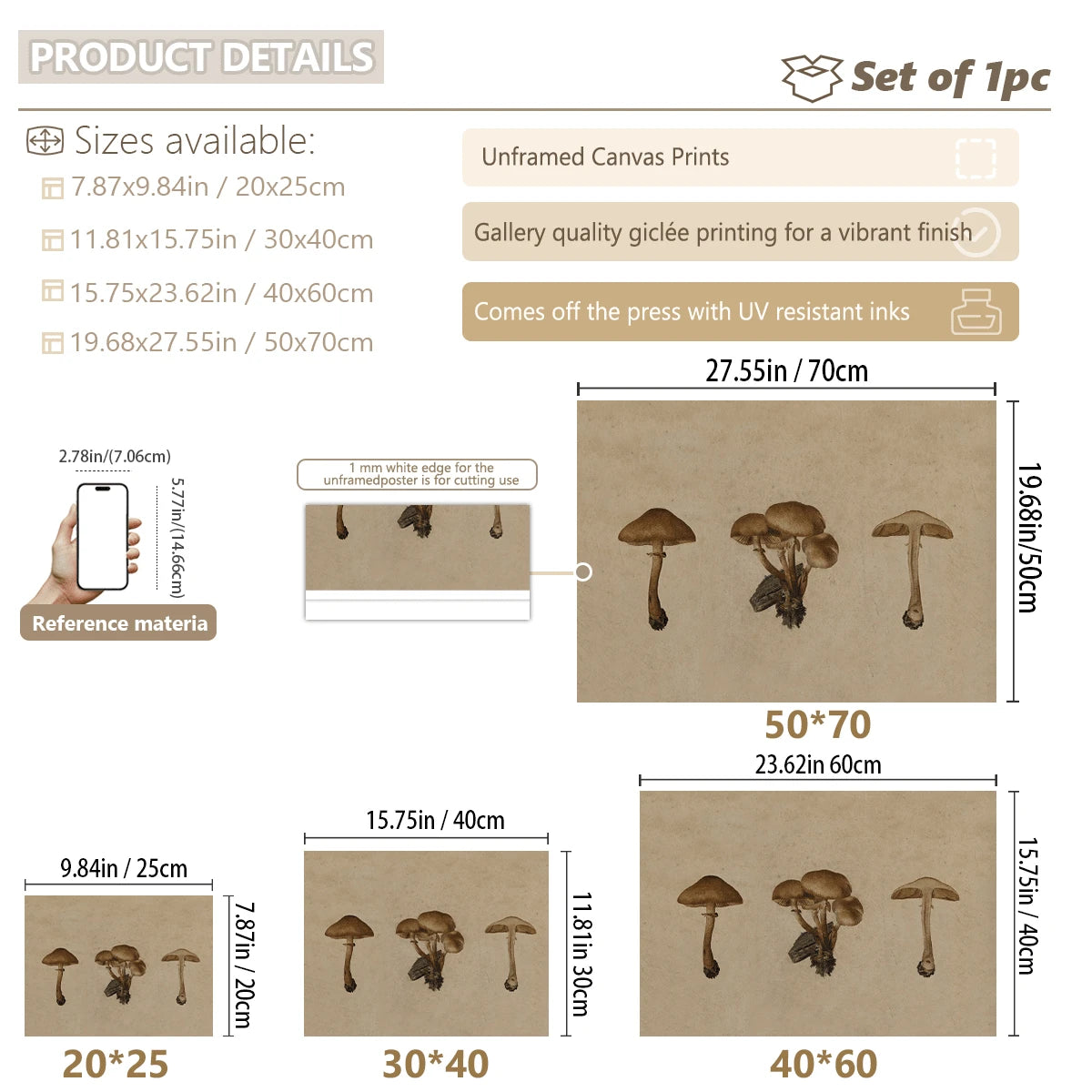 Product details and size chart for a set of 1pc unframed canvas prints featuring mushroom illustrations. The chart lists available sizes from 20*25cm to 50*70cm, shows a hand holding a phone for scale, and displays multiple printed canvas examples with dimensions.