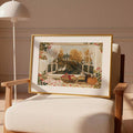 Autumn cottage window canvas print displayed in a living room chair